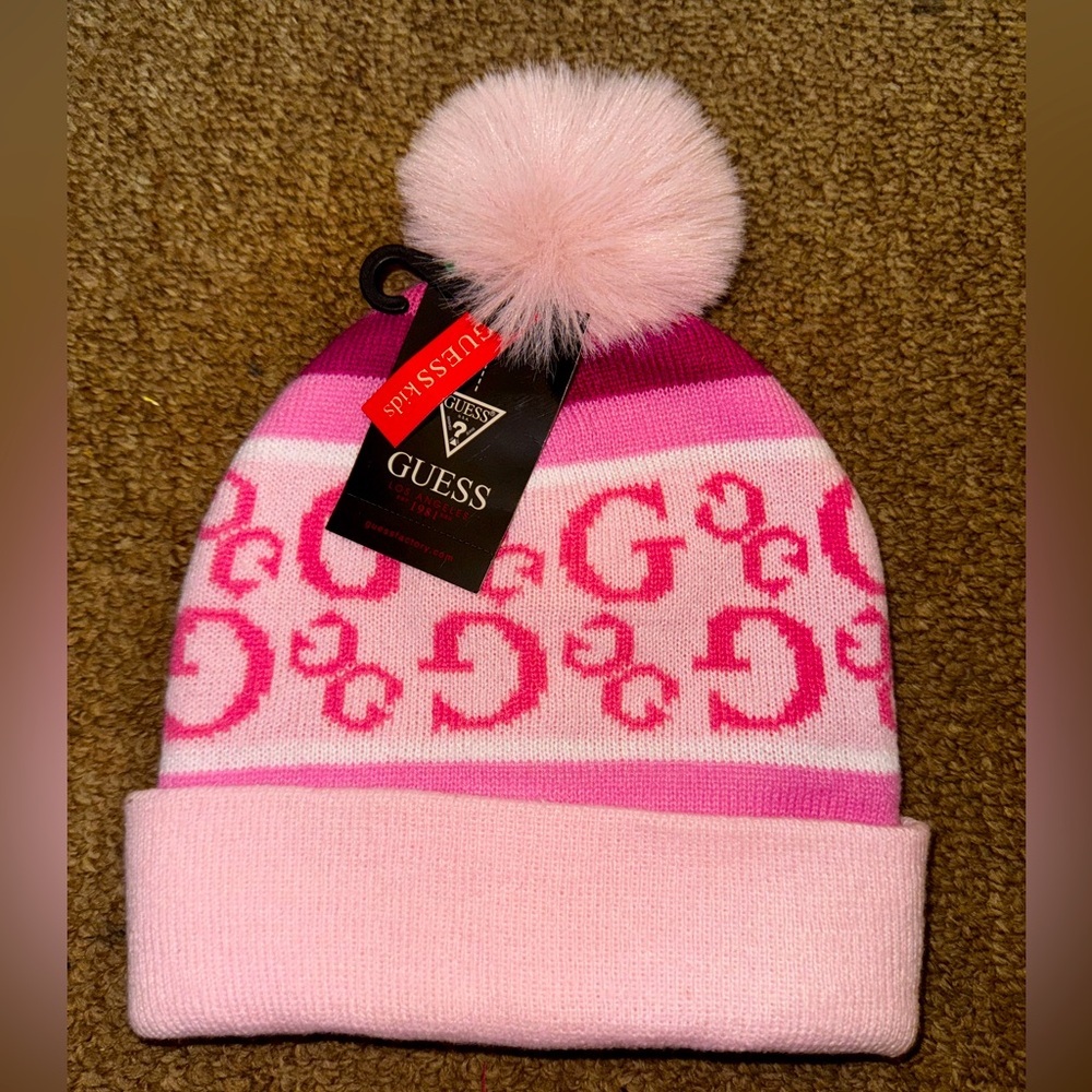 Guess kids pink hat with fluffy ball/ beanie winter NWT